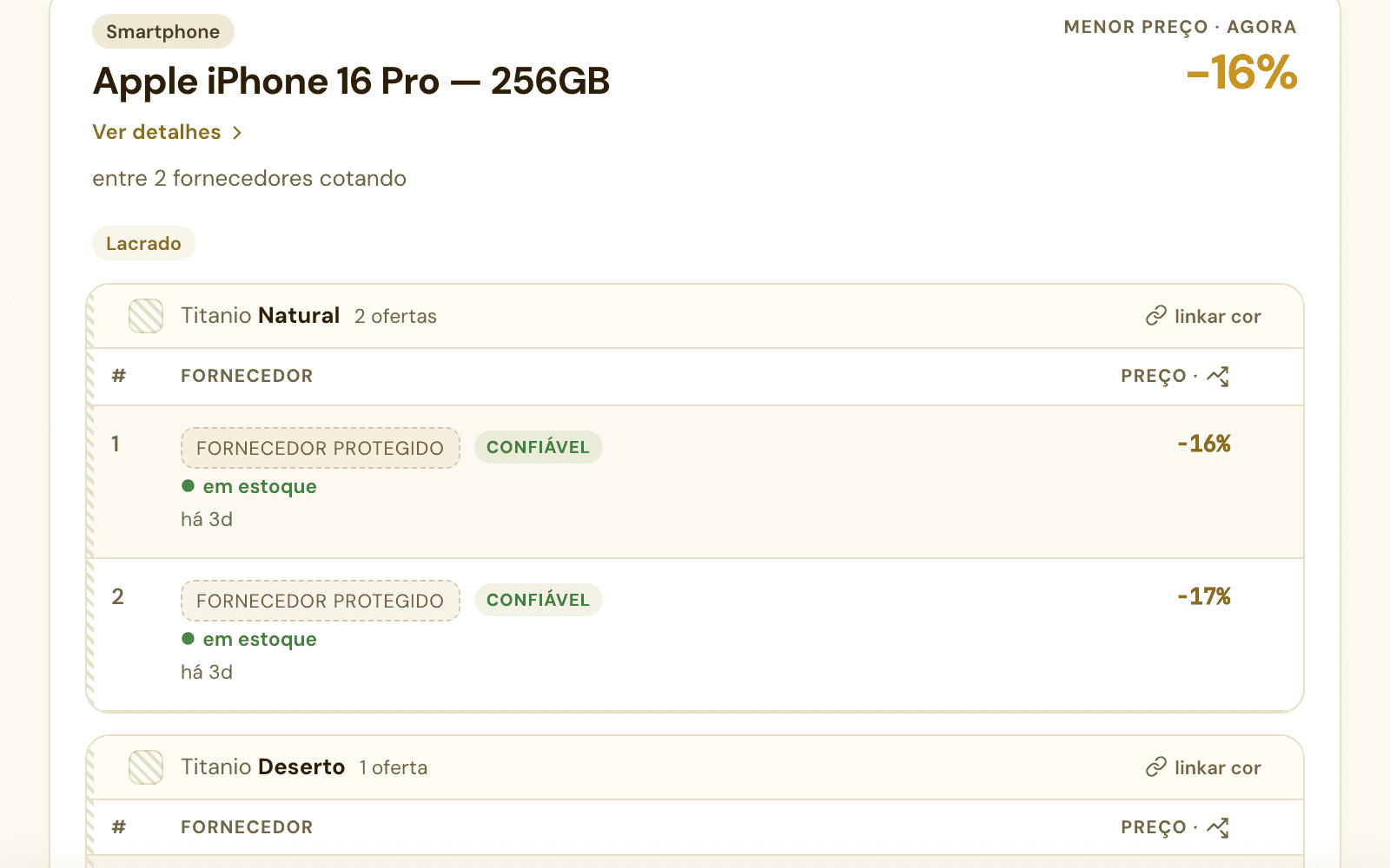 Resultado sigiloso da busca por iPhone, com fornecedor protegido e preço em variação percentual